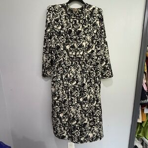 Vintage Pellini by Von Bramlett Black Cream Rose Floral Midi Dress 80s USA 5844